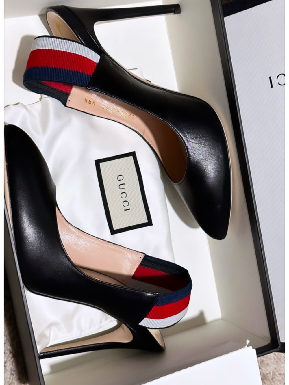 Gucci Black Leather Pointed Slingback Pumps with Red-Blue Striped Elastic - Picture 3 of 5